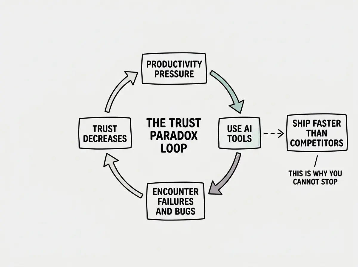 EXPLAINER DIAGRAM: A circular flow diagram with four nodes arranged in a cycle. Top node labeled PRODUCTIVITY PRESSURE with an arrow pointing right to USE AI TOOLS, which points down to ENCOUNTER FAILURES AND BUGS, which points left to TRUST DECREASES, which points up back to PRODUCTIVITY PRESSURE. In the center of the cycle, bold text reads THE TRUST PARADOX LOOP. Outside the circle on the right, a dashed arrow from USE AI TOOLS points to a separate box reading SHIP FASTER THAN COMPETITORS with a note beneath reading THIS IS WHY YOU CANNOT STOP.