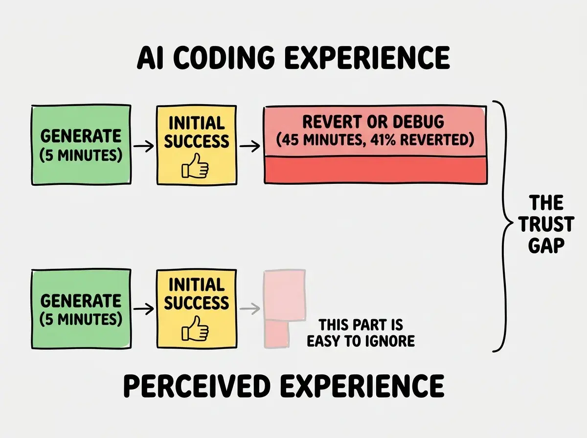 EXPLAINER DIAGRAM: A split comparison with two timelines running left to right. Top timeline labeled AI CODING EXPERIENCE shows three phases: green box GENERATE with a clock showing 5 minutes, yellow box INITIAL SUCCESS with a thumbs up, and red box REVERT OR DEBUG with a clock showing 45 minutes and the stat 41% REVERTED. Bottom timeline labeled PERCEIVED EXPERIENCE shows the same three phases but the green and yellow boxes are large and bright while the red box is small and faded, with a label reading THIS PART IS EASY TO IGNORE. A bracket on the right reads THE TRUST GAP.