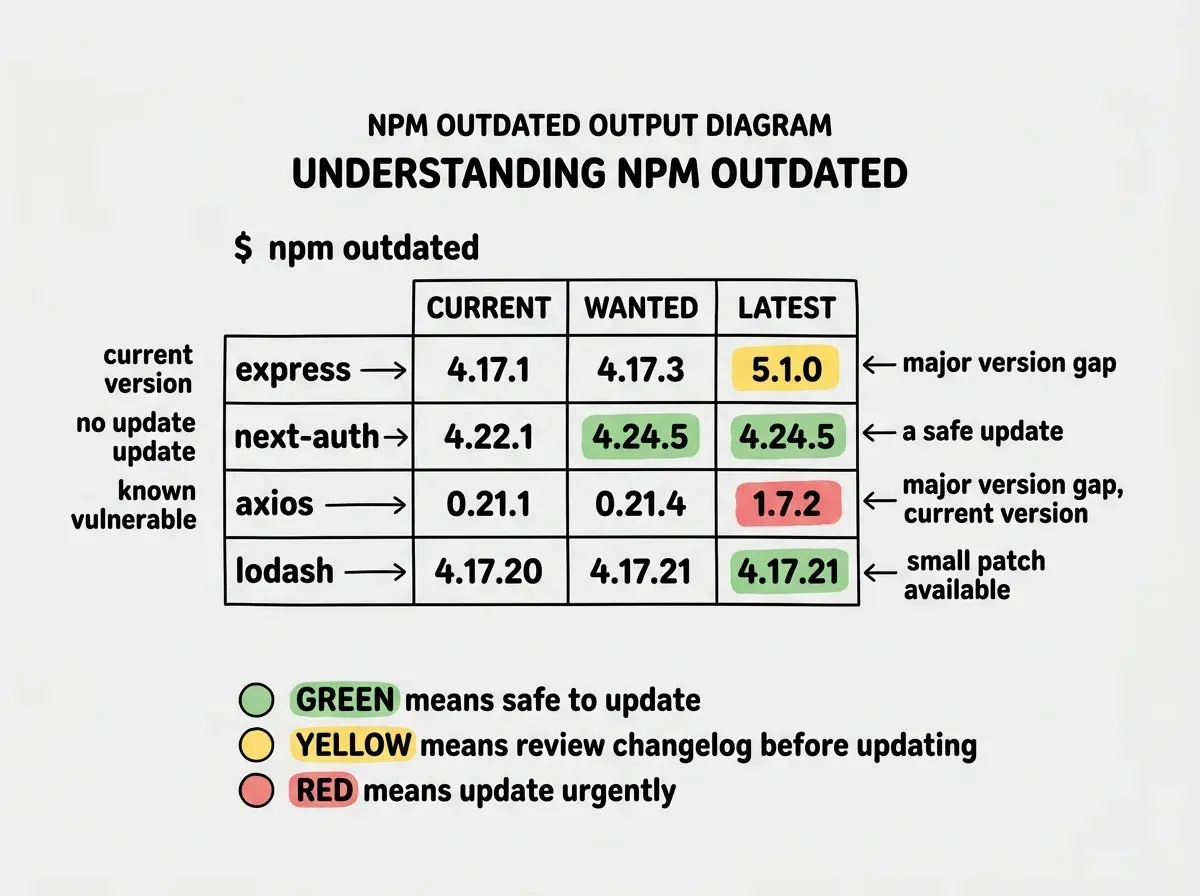 EXPLAINER DIAGRAM: A terminal output display showing the results of running npm outdated. Three columns labeled CURRENT, WANTED, and LATEST. Four example rows: express shows 4.17.1, 4.17.3, 5.1.0 with the LATEST column highlighted in yellow indicating a major version gap. next-auth shows 4.22.1, 4.24.5, 4.24.5 with WANTED and LATEST matching in green indicating a safe update. axios shows 0.21.1, 0.21.4, 1.7.2 with LATEST highlighted in red indicating both a major version gap and a known vulnerable current version. lodash shows 4.17.20, 4.17.21, 4.17.21 with a small patch available in green. A legend below reads GREEN means safe to update. YELLOW means review changelog before updating. RED means update urgently.