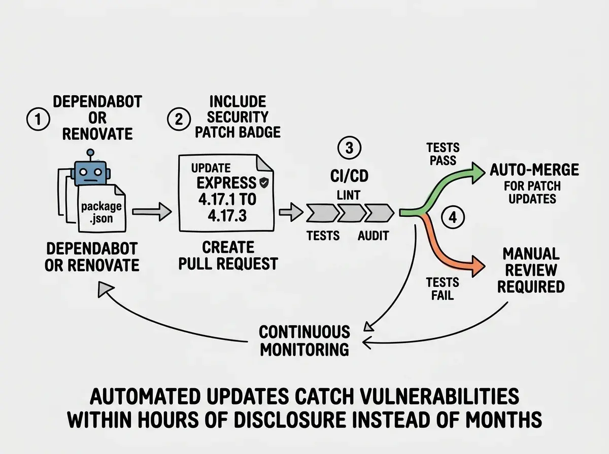 EXPLAINER DIAGRAM: A workflow diagram showing the automated dependency update cycle. Step 1 at the left shows a DEPENDABOT or RENOVATE bot icon scanning a package.json file. Step 2 shows the bot creating a pull request labeled UPDATE EXPRESS 4.17.1 TO 4.17.3 with a security patch badge. Step 3 shows a CI/CD pipeline running with labels for TESTS, LINT, and AUDIT. Step 4 branches into two paths: if tests pass, a green arrow leads to AUTO-MERGE for patch updates; if tests fail, an orange arrow leads to MANUAL REVIEW REQUIRED. A circular arrow connects Step 4 back to Step 1 with the label CONTINUOUS MONITORING. Below the diagram, text reads AUTOMATED UPDATES CATCH VULNERABILITIES WITHIN HOURS OF DISCLOSURE INSTEAD OF MONTHS.