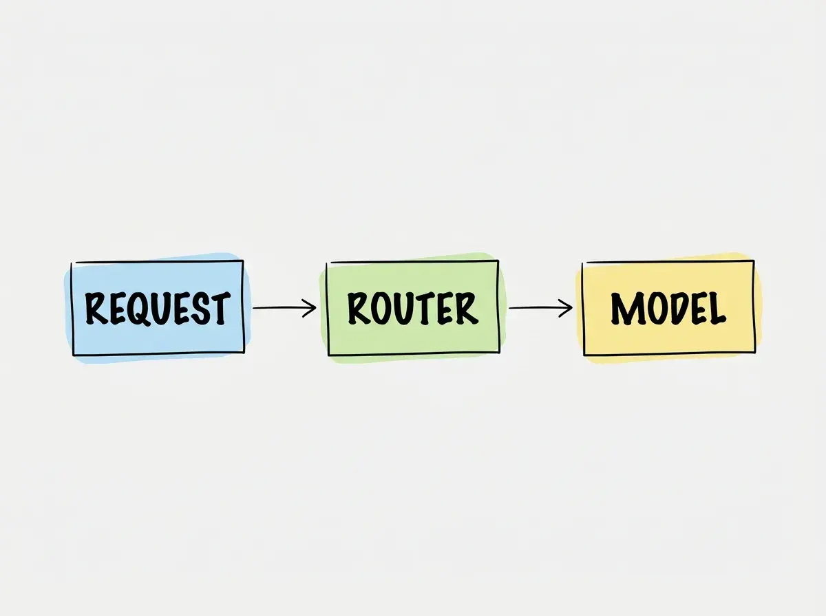 Simple conceptual diagram with separate boxes labeled REQUEST, ROUTER, MODEL. Exactly these labels and no other text. No statistics or numbers.