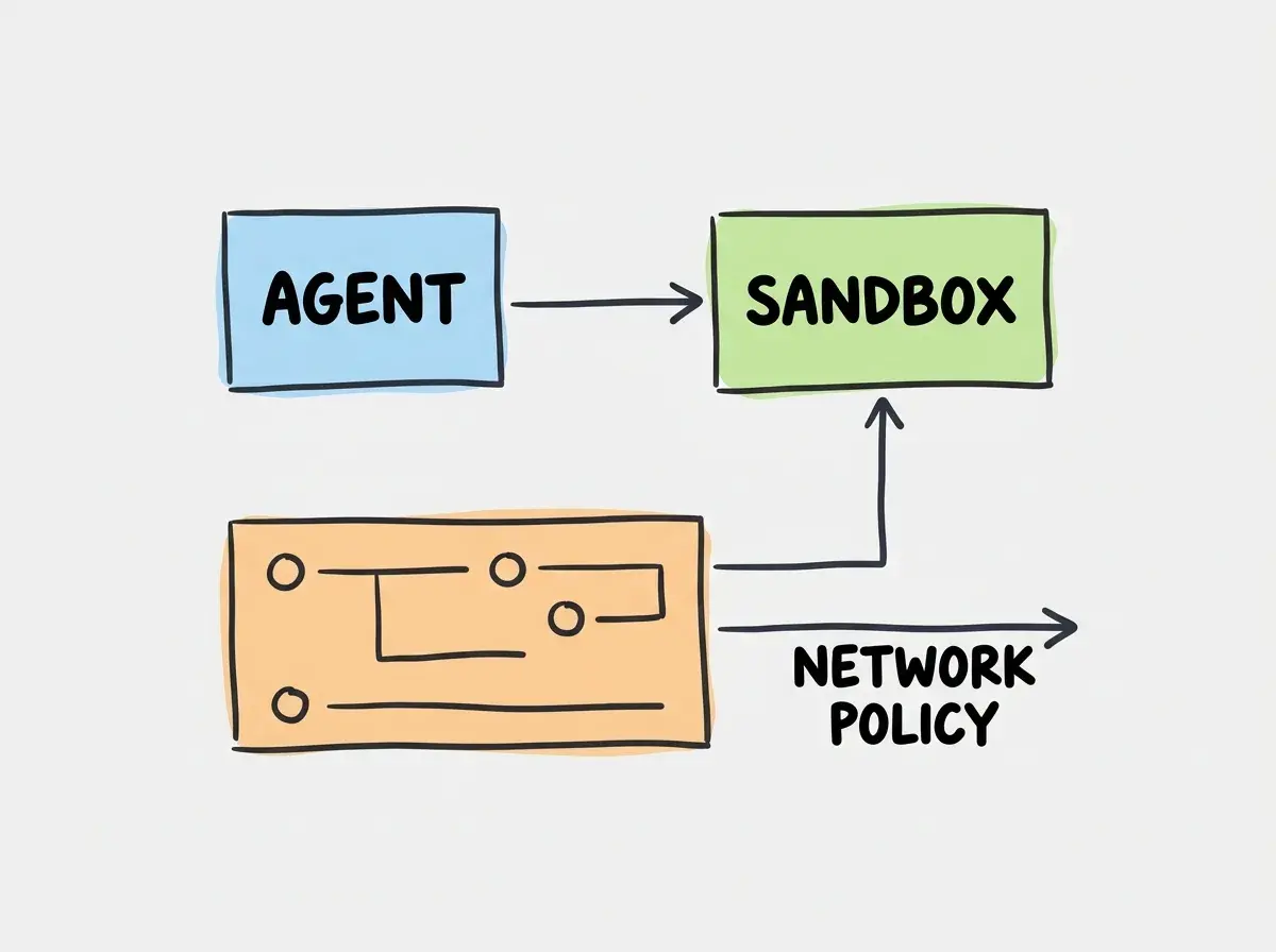 Simple conceptual diagram with separate boxes labeled AGENT, SANDBOX, NETWORK POLICY. Exactly these labels and no other text. No statistics or numbers.
