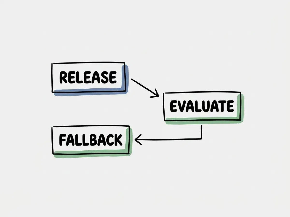 Simple conceptual diagram with separate boxes labeled RELEASE, EVALUATE, FALLBACK. Exactly these labels and no other text. No statistics or numbers.