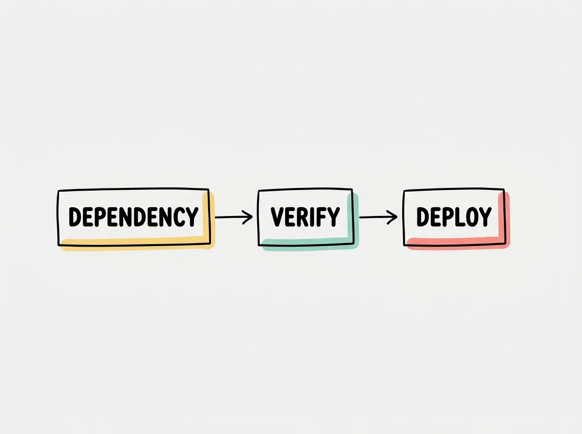Simple conceptual diagram with separate boxes labeled DEPENDENCY, VERIFY, DEPLOY. Exactly these labels and no other text. No statistics or numbers.