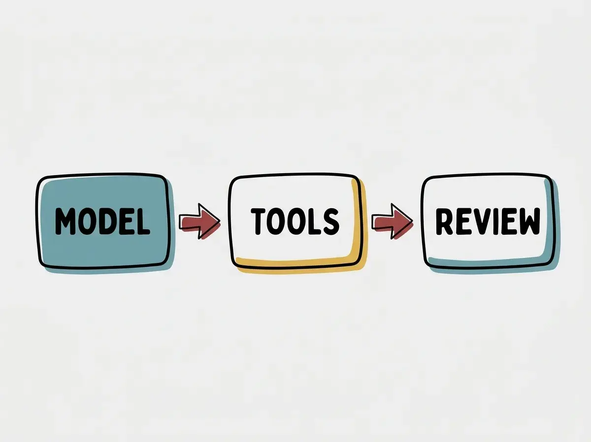 Simple conceptual diagram with separate boxes labeled MODEL, TOOLS, REVIEW. Exactly these labels and no other text. No statistics or numbers.