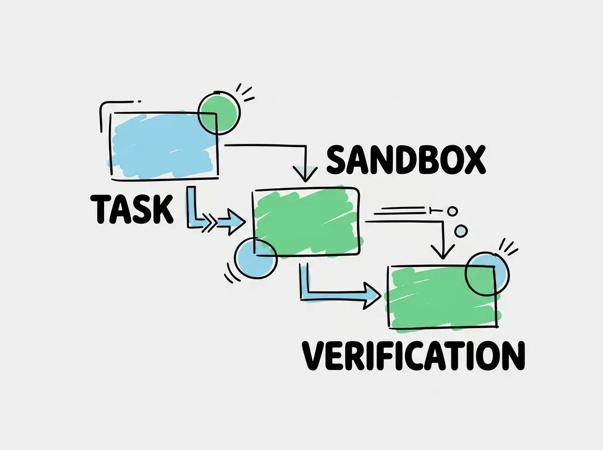 Simple conceptual diagram with separate boxes labeled TASK, SANDBOX, VERIFICATION. Exactly these labels and no other text. No statistics or numbers.
