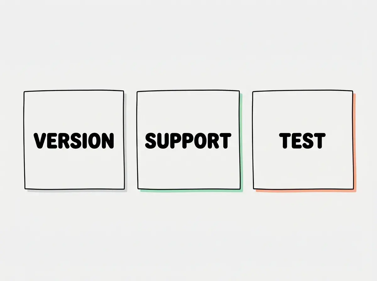 Three separate flat cards with only the text VERSION, SUPPORT, TEST. Absolutely no other text, subtitles, bullet points, arrows, or diagrams.