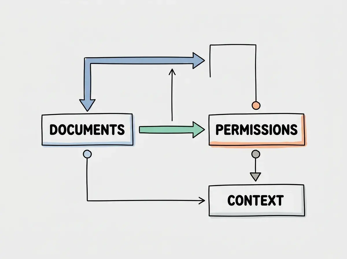 Simple conceptual diagram with separate boxes labeled DOCUMENTS, PERMISSIONS, CONTEXT. Exactly these labels and no other text. No statistics or numbers.