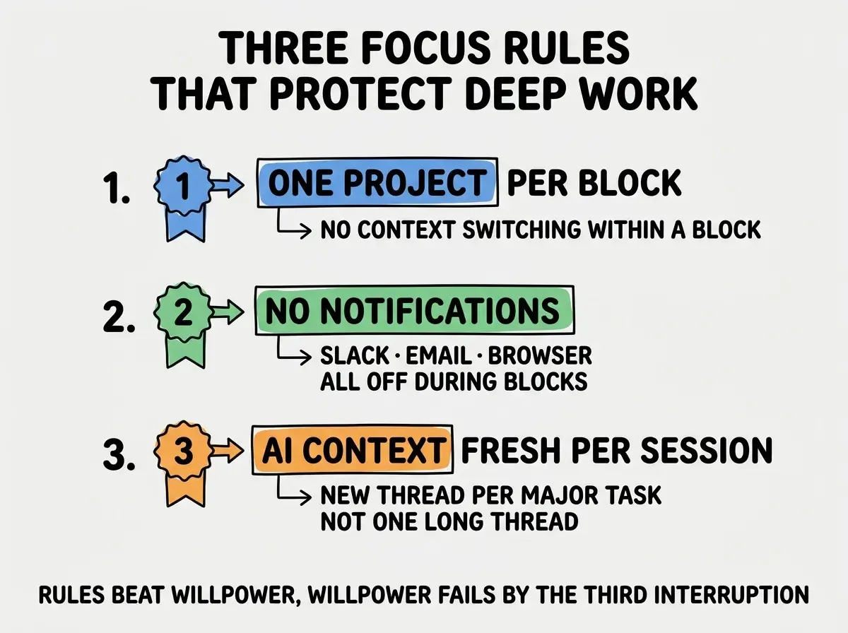 EXPLAINER DIAGRAM titled THREE FOCUS RULES THAT PROTECT DEEP WORK shown as a vertical numbered list on a slate background. Three rows. Row 1 blue badge ONE PROJECT PER BLOCK sublabel NO CONTEXT SWITCHING WITHIN A BLOCK. Row 2 green badge NO NOTIFICATIONS sublabel SLACK EMAIL BROWSER ALL OFF DURING BLOCKS. Row 3 orange badge AI CONTEXT FRESH PER SESSION sublabel NEW THREAD PER MAJOR TASK NOT ONE LONG THREAD. Footer reads RULES BEAT WILLPOWER, WILLPOWER FAILS BY THE THIRD INTERRUPTION.