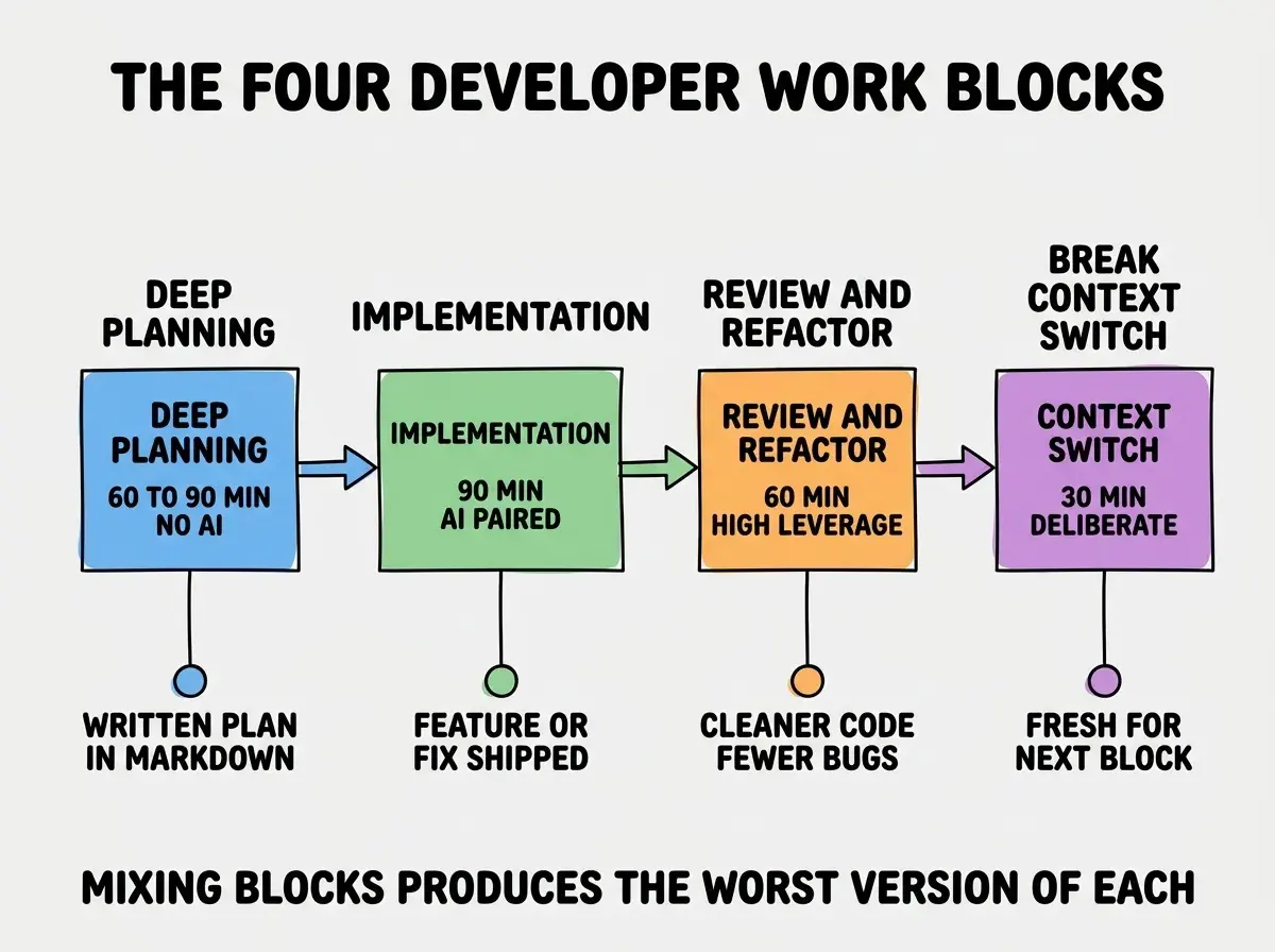 EXPLAINER DIAGRAM titled THE FOUR DEVELOPER WORK BLOCKS shown as a horizontal four-stage timeline on a slate background. Stage 1 colored blue DEEP PLANNING sublabel 60 TO 90 MIN NO AI, output WRITTEN PLAN IN MARKDOWN. Stage 2 colored green IMPLEMENTATION sublabel 90 MIN AI PAIRED, output FEATURE OR FIX SHIPPED. Stage 3 colored orange REVIEW AND REFACTOR sublabel 60 MIN HIGH LEVERAGE, output CLEANER CODE FEWER BUGS. Stage 4 colored purple BREAK CONTEXT SWITCH sublabel 30 MIN DELIBERATE, output FRESH FOR NEXT BLOCK. Footer reads MIXING BLOCKS PRODUCES THE WORST VERSION OF EACH.