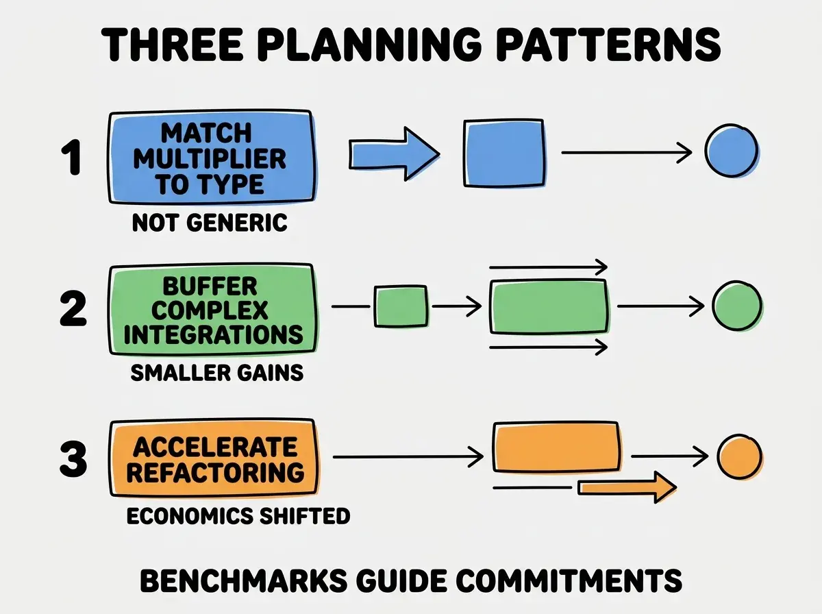 EXPLAINER DIAGRAM titled THREE PLANNING PATTERNS shown as a vertical numbered list on a slate background. Three rows. Row 1 blue badge MATCH MULTIPLIER TO TYPE sublabel NOT GENERIC. Row 2 green badge BUFFER COMPLEX INTEGRATIONS sublabel SMALLER GAINS. Row 3 orange badge ACCELERATE REFACTORING sublabel ECONOMICS SHIFTED. Footer reads BENCHMARKS GUIDE COMMITMENTS. CRITICAL: each label appears only ONCE.