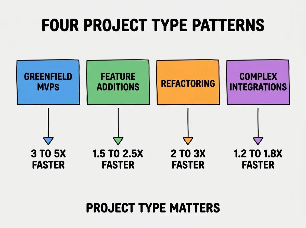 EXPLAINER DIAGRAM titled FOUR PROJECT TYPE PATTERNS shown as a horizontal four-column chart on a slate background. Column 1 colored blue GREENFIELD MVPS label 3 TO 5X FASTER. Column 2 colored green FEATURE ADDITIONS label 1.5 TO 2.5X FASTER. Column 3 colored orange REFACTORING label 2 TO 3X FASTER. Column 4 colored purple COMPLEX INTEGRATIONS label 1.2 TO 1.8X FASTER. Footer reads PROJECT TYPE MATTERS.