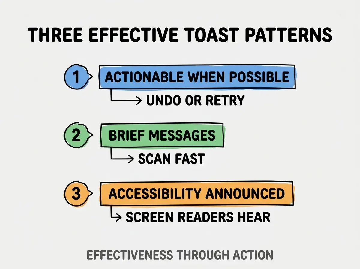 Clean modern flat infographic on light gray background. Top title bold black: THREE EFFECTIVE TOAST PATTERNS. Single vertical numbered list with three rows. Row 1 blue badge ACTIONABLE WHEN POSSIBLE with subtitle UNDO OR RETRY. Row 2 green badge BRIEF MESSAGES with subtitle SCAN FAST. Row 3 orange badge ACCESSIBILITY ANNOUNCED with subtitle SCREEN READERS HEAR. Footer text dark gray: EFFECTIVENESS THROUGH ACTION. Each label appears exactly once. No duplicated text.