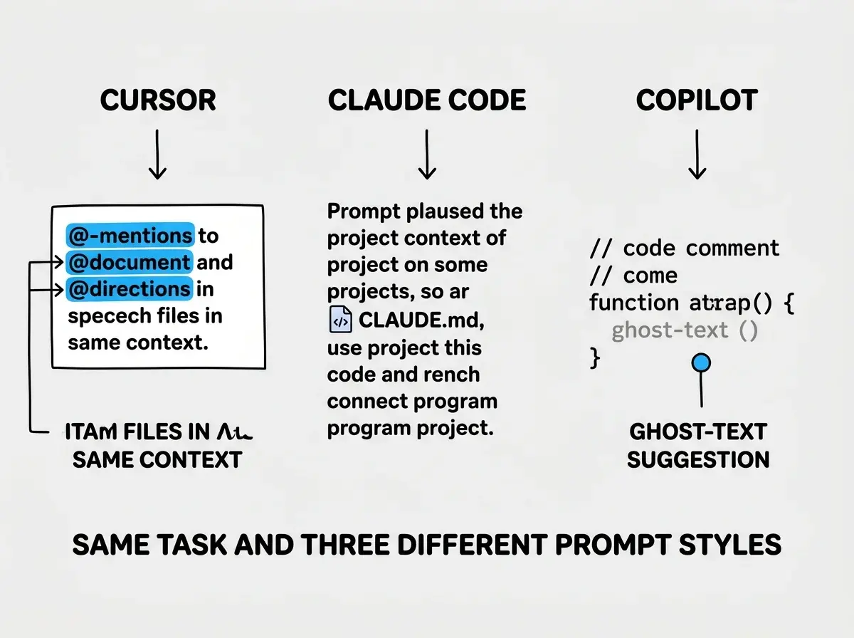 EXPLAINER DIAGRAM: Three-column layout comparing prompt approaches. Left column header CURSOR shows a prompt box with @-mentions highlighted in blue, pointing to specific files. Middle column header CLAUDE CODE shows a longer prompt paragraph with project context and a CLAUDE.md icon. Right column header COPILOT shows a short code comment above a function signature with a ghost-text suggestion appearing below. A label beneath all three reads SAME TASK AND THREE DIFFERENT PROMPT STYLES.