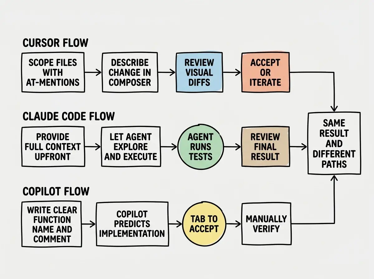 EXPLAINER DIAGRAM: A horizontal flowchart with three parallel tracks. Top track labeled CURSOR FLOW shows SCOPE FILES WITH AT-MENTIONS flowing to DESCRIBE CHANGE IN COMPOSER flowing to REVIEW VISUAL DIFFS flowing to ACCEPT OR ITERATE. Middle track labeled CLAUDE CODE FLOW shows PROVIDE FULL CONTEXT UPFRONT flowing to LET AGENT EXPLORE AND EXECUTE flowing to AGENT RUNS TESTS flowing to REVIEW FINAL RESULT. Bottom track labeled COPILOT FLOW shows WRITE CLEAR FUNCTION NAME AND COMMENT flowing to COPILOT PREDICTS IMPLEMENTATION flowing to TAB TO ACCEPT flowing to MANUALLY VERIFY. All three tracks converge on a single box on the right reading SAME RESULT AND DIFFERENT PATHS.