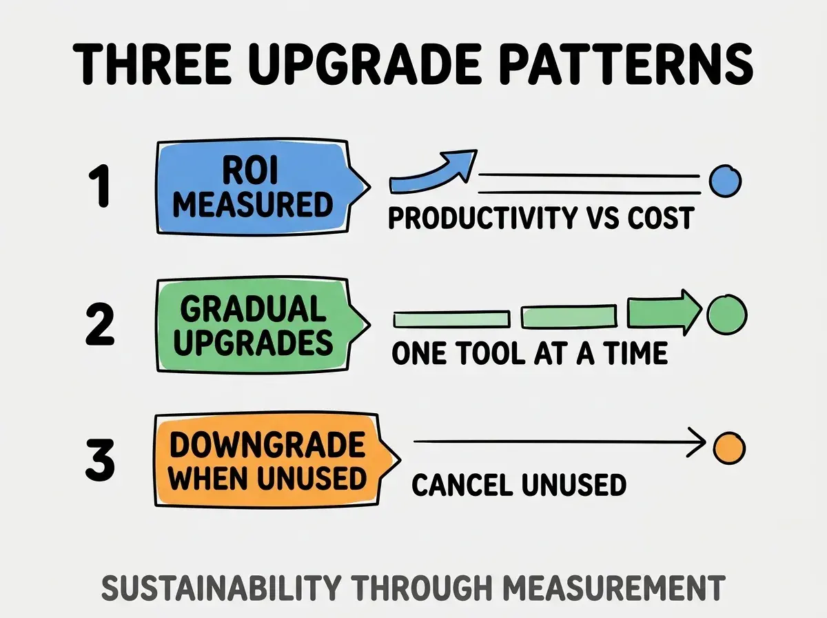 Clean modern flat infographic on light gray background. Top title bold black: THREE UPGRADE PATTERNS. Single vertical numbered list with three rows. Row 1 blue badge ROI MEASURED with subtitle PRODUCTIVITY VS COST. Row 2 green badge GRADUAL UPGRADES with subtitle ONE TOOL AT A TIME. Row 3 orange badge DOWNGRADE WHEN UNUSED with subtitle CANCEL UNUSED. Footer text dark gray: SUSTAINABILITY THROUGH MEASUREMENT. Each label appears exactly once. No duplicated text.