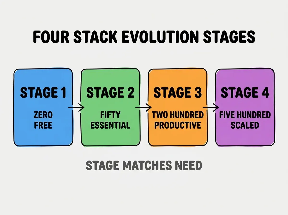 Clean modern flat infographic on light gray background. Top center bold black title text: FOUR STACK EVOLUTION STAGES. Below title, four equal sized colored rounded rectangle cards arranged horizontally. Card 1 blue: large bold text STAGE 1 then smaller text ZERO FREE. Card 2 green: large bold text STAGE 2 then smaller text FIFTY ESSENTIAL. Card 3 orange: large bold text STAGE 3 then smaller text TWO HUNDRED PRODUCTIVE. Card 4 purple: large bold text STAGE 4 then smaller text FIVE HUNDRED SCALED. Single footer line below cards in dark gray text: STAGE MATCHES NEED. Nothing else on canvas. No text outside cards or below cards.