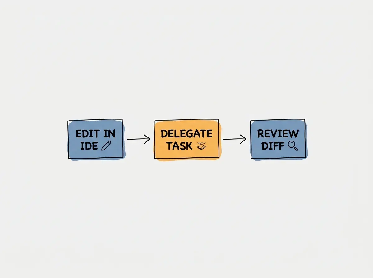 Simple conceptual diagram with separate boxes labeled EDIT IN IDE, DELEGATE TASK, REVIEW DIFF. Use exactly these labels and no other text. No statistics, numbers, code, or rankings.