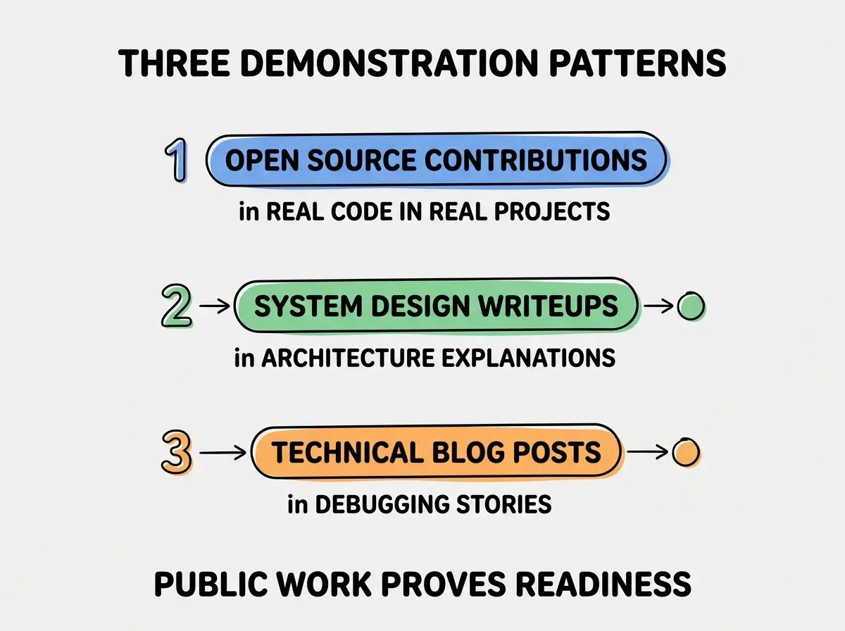 EXPLAINER DIAGRAM titled THREE DEMONSTRATION PATTERNS shown as a vertical numbered list on a slate background. Three rows. Row 1 blue badge OPEN SOURCE CONTRIBUTIONS sublabel REAL CODE IN REAL PROJECTS. Row 2 green badge SYSTEM DESIGN WRITEUPS sublabel ARCHITECTURE EXPLANATIONS. Row 3 orange badge TECHNICAL BLOG POSTS sublabel DEBUGGING STORIES. Footer reads PUBLIC WORK PROVES READINESS.