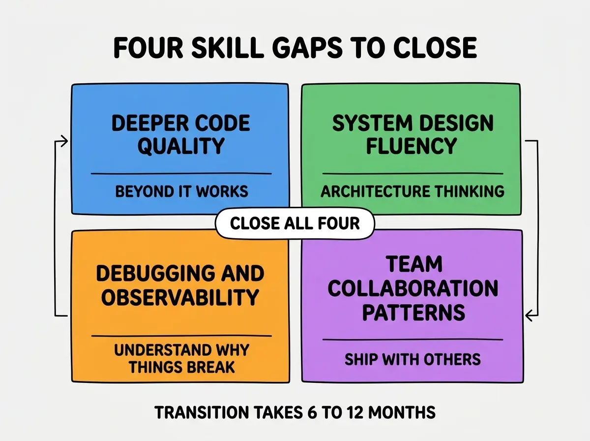EXPLAINER DIAGRAM titled FOUR SKILL GAPS TO CLOSE shown as a 2x2 grid of quadrants on a slate background. Top left blue DEEPER CODE QUALITY sublabel BEYOND IT WORKS. Top right green SYSTEM DESIGN FLUENCY sublabel ARCHITECTURE THINKING. Bottom left orange DEBUGGING AND OBSERVABILITY sublabel UNDERSTAND WHY THINGS BREAK. Bottom right purple TEAM COLLABORATION PATTERNS sublabel SHIP WITH OTHERS. Center label CLOSE ALL FOUR. Footer reads TRANSITION TAKES 6 TO 12 MONTHS.