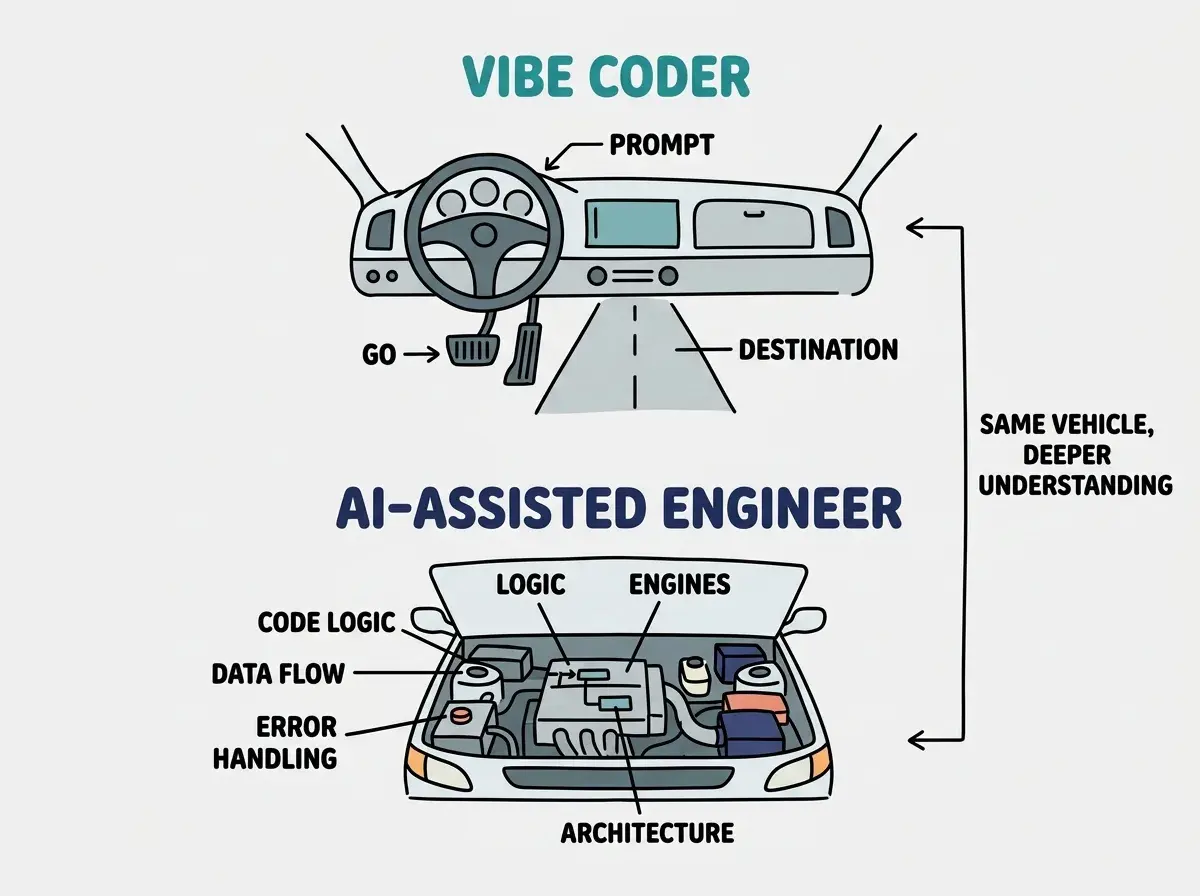 Vertical two-panel explainer diagram. Top panel labeled VIBE CODER in teal shows a simplified car dashboard with steering wheel and PROMPT, GAS PEDAL labeled GO, and road ahead labeled DESTINATION. Bottom panel labeled AI-ASSISTED ENGINEER in navy shows the same car with hood open, revealing engine components labeled CODE LOGIC, DATA FLOW, ERROR HANDLING, and ARCHITECTURE. A vertical arrow on the right connects both panels, labeled SAME VEHICLE, DEEPER UNDERSTANDING.