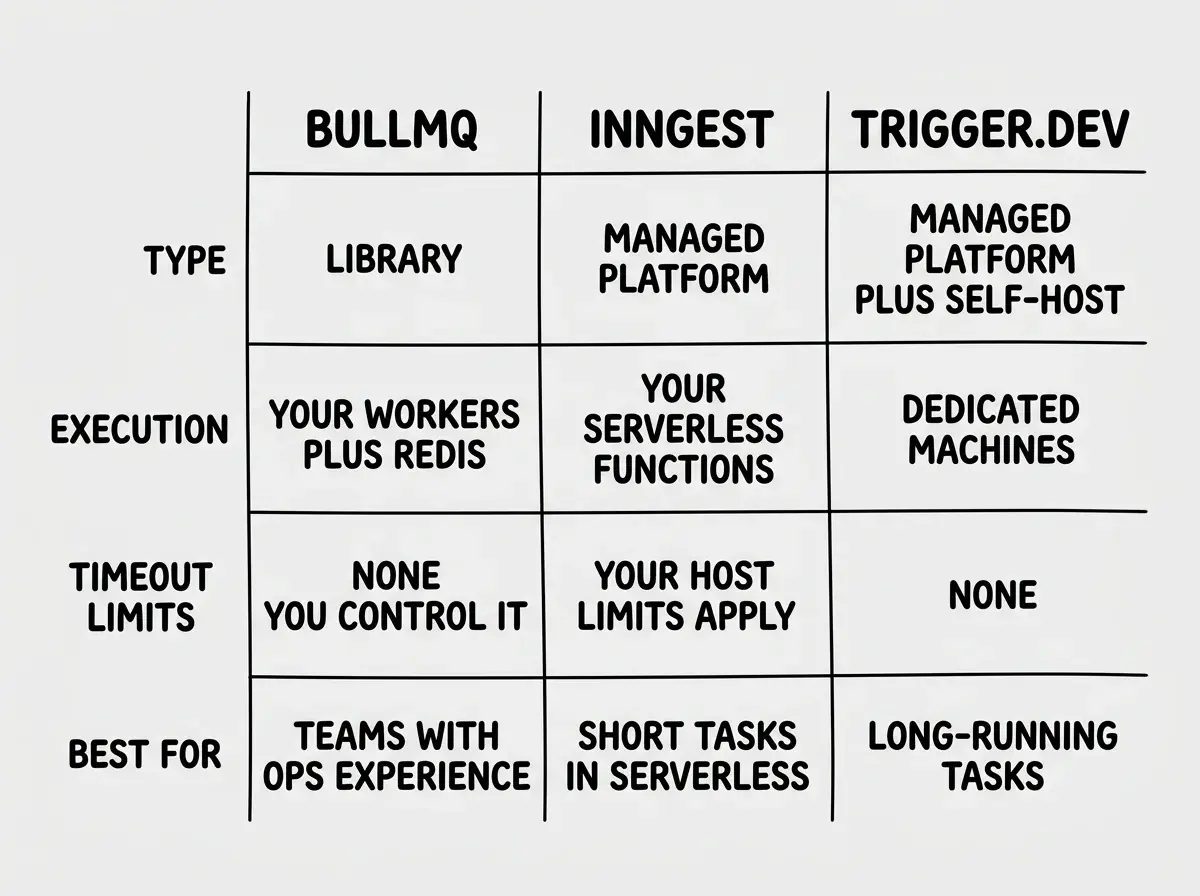 EXPLAINER DIAGRAM: A three-column comparison table on white background. Column headers read BULLMQ, INNGEST, and TRIGGER.DEV. Row 1 labeled TYPE shows LIBRARY for BullMQ, MANAGED PLATFORM for Inngest, and MANAGED PLATFORM PLUS SELF-HOST for Trigger.dev. Row 2 labeled EXECUTION shows YOUR WORKERS PLUS REDIS for BullMQ, YOUR SERVERLESS FUNCTIONS for Inngest, and DEDICATED MACHINES for Trigger.dev. Row 3 labeled TIMEOUT LIMITS shows NONE YOU CONTROL IT for BullMQ, YOUR HOST LIMITS APPLY for Inngest, and NONE for Trigger.dev. Row 4 labeled BEST FOR shows TEAMS WITH OPS EXPERIENCE for BullMQ, SHORT TASKS IN SERVERLESS for Inngest, and LONG-RUNNING TASKS for Trigger.dev.