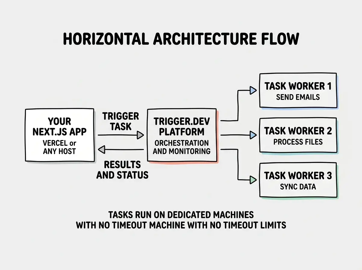 EXPLAINER DIAGRAM: A horizontal architecture flow on white background. On the left, a box labeled YOUR NEXT.JS APP with subtitle VERCEL or ANY HOST. An arrow labeled TRIGGER TASK points right to a central box labeled TRIGGER.DEV PLATFORM with subtitle ORCHESTRATION AND MONITORING. From this central box, three arrows point right to three stacked boxes labeled TASK WORKER 1 with subtitle SEND EMAILS, TASK WORKER 2 with subtitle PROCESS FILES, and TASK WORKER 3 with subtitle SYNC DATA. Below the central box, a return arrow points left back to the app labeled RESULTS AND STATUS. A note below reads TASKS RUN ON DEDICATED MACHINES WITH NO TIMEOUT LIMITS.