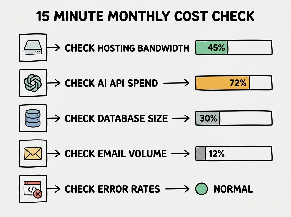 EXPLAINER DIAGRAM: A monthly checklist dashboard showing five monitoring tasks arranged vertically. Each row has a service icon on the left, a task description in the center, and a status indicator on the right. Row 1 shows a cloud icon with CHECK HOSTING BANDWIDTH and a green bar at 45 percent. Row 2 shows a brain icon with CHECK AI API SPEND and an amber bar at 72 percent with a dollar amount of $73 out of $100 limit. Row 3 shows a database icon with CHECK DATABASE SIZE and a green bar at 30 percent. Row 4 shows an envelope icon with CHECK EMAIL VOLUME and a green bar at 12 percent. Row 5 shows a warning triangle icon with CHECK ERROR RATES and a green bar at normal. A header reads 15 MINUTE MONTHLY COST CHECK.