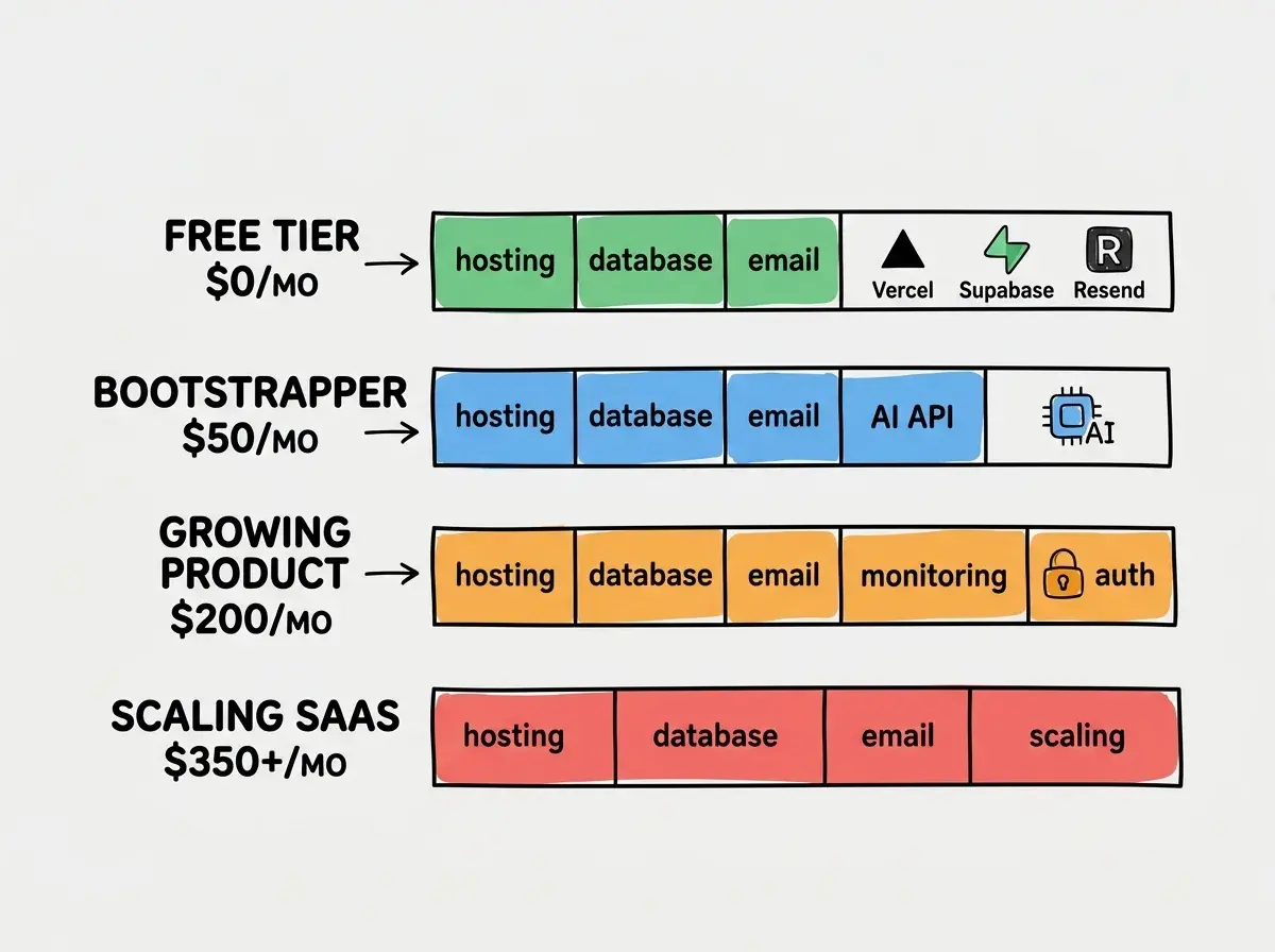 EXPLAINER DIAGRAM: A horizontal bar chart showing four budget tiers from left to right. The leftmost bar labeled FREE TIER HERO at $0 per month is green and shows icons for Vercel, Supabase, and Resend with checkmarks. The second bar labeled BOOTSTRAPPER at $50 per month is blue and adds an AI API icon. The third bar labeled GROWING PRODUCT at $200 per month is orange and adds monitoring and premium auth icons. The rightmost bar labeled SCALING SAAS at $350 plus per month is red and shows all services scaled up. Each bar is subdivided into colored segments representing hosting, database, auth, email, AI APIs, and monitoring costs.