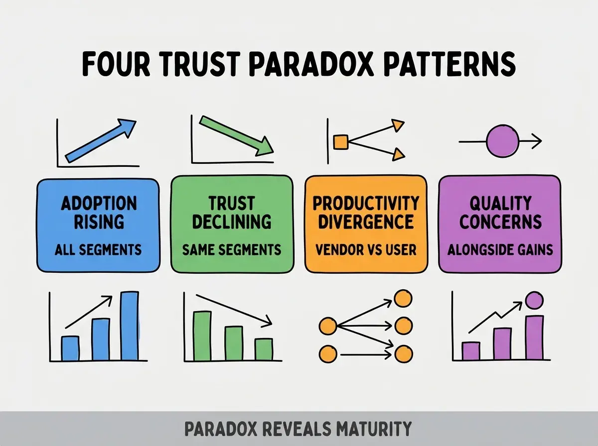 Clean modern flat infographic on light gray background. Top center title bold black sans-serif: FOUR TRUST PARADOX PATTERNS. Single horizontal row with four equal sized colored rounded rectangle cards. Card 1 blue background two lines ADOPTION RISING and ALL SEGMENTS. Card 2 green background two lines TRUST DECLINING and SAME SEGMENTS. Card 3 orange background two lines PRODUCTIVITY DIVERGENCE and VENDOR VS USER. Card 4 purple background two lines QUALITY CONCERNS and ALONGSIDE GAINS. Below the row a single footer line in dark gray text: PARADOX REVEALS MATURITY. No other text. No duplicated text anywhere.