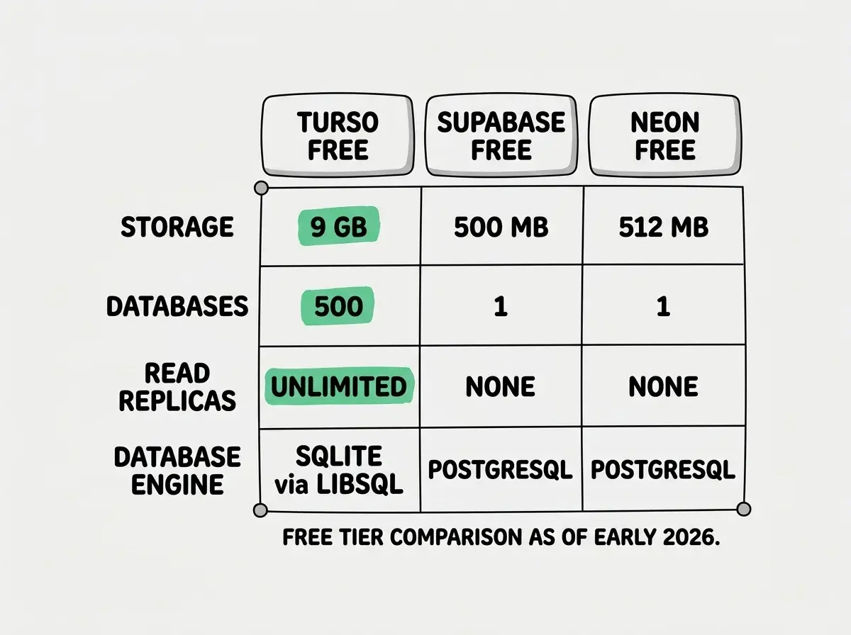 EXPLAINER DIAGRAM: A three-column pricing comparison table on white background. Column headers read TURSO FREE, SUPABASE FREE, and NEON FREE. Row 1 labeled STORAGE shows 9 GB, 500 MB, and 512 MB respectively with Turso highlighted in green. Row 2 labeled DATABASES shows 500, 1, and 1 respectively with Turso highlighted in green. Row 3 labeled READ REPLICAS shows UNLIMITED, NONE, and NONE respectively with Turso highlighted in green. Row 4 labeled DATABASE ENGINE shows SQLITE via LIBSQL, POSTGRESQL, and POSTGRESQL. A footer note reads FREE TIER COMPARISON AS OF EARLY 2026.