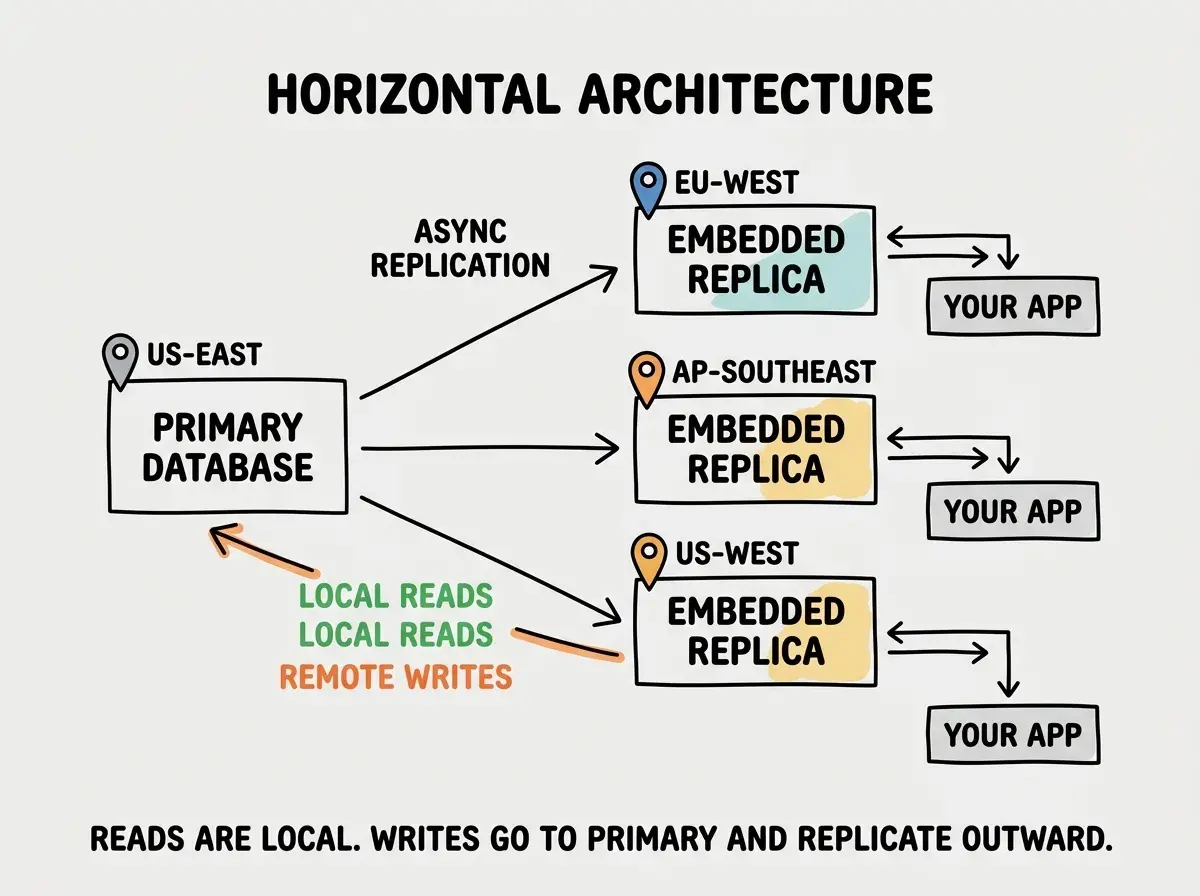 EXPLAINER DIAGRAM: A horizontal architecture flow on white background. On the left, a box labeled PRIMARY DATABASE with a location pin icon reading US-EAST. Three arrows point rightward to three boxes labeled EMBEDDED REPLICA, each with different location pins reading EU-WEST, AP-SOUTHEAST, and US-WEST. Above the arrows, text reads ASYNC REPLICATION. Below each replica box, a smaller box labeled YOUR APP with a double-headed arrow connecting it to the replica above, with text reading LOCAL READS in green and REMOTE WRITES in orange pointing back to the primary. A caption at the bottom reads READS ARE LOCAL. WRITES GO TO PRIMARY AND REPLICATE OUTWARD.