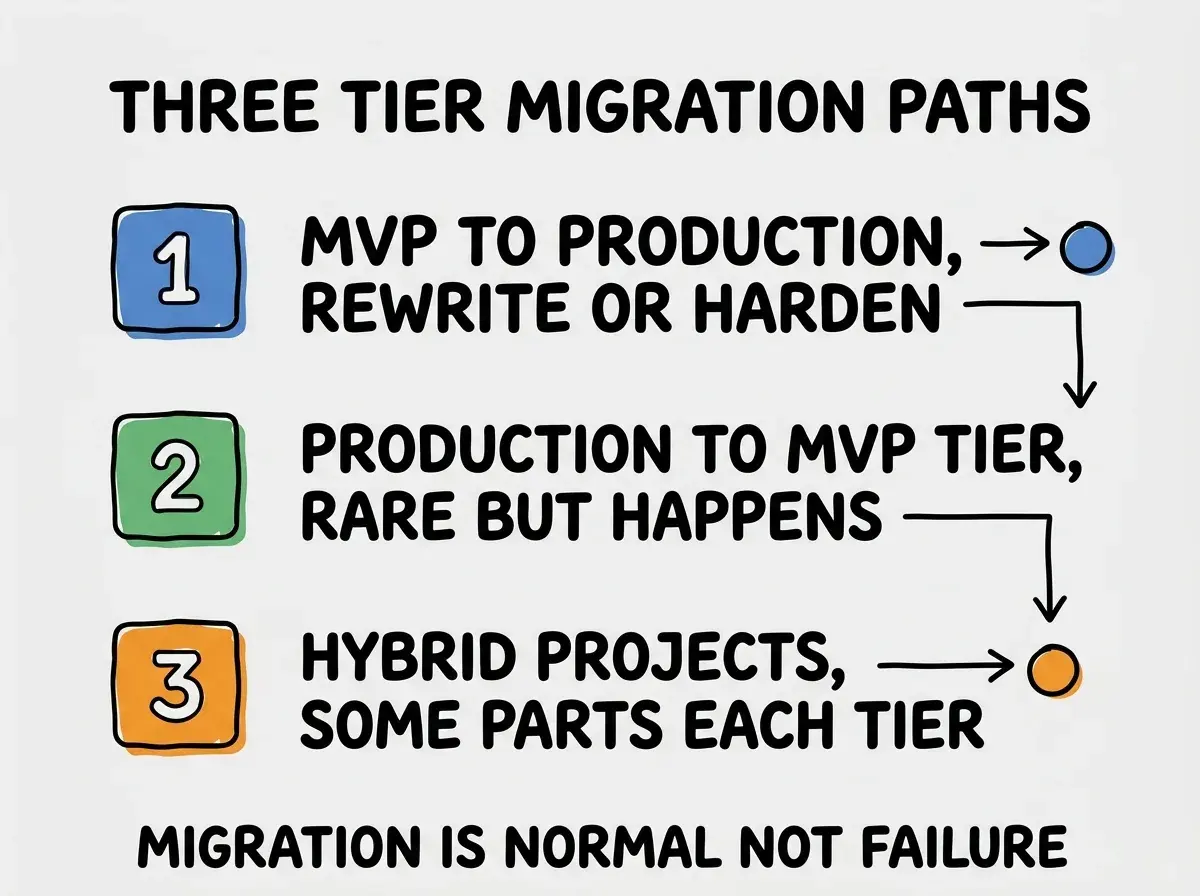 EXPLAINER DIAGRAM titled THREE TIER MIGRATION PATHS shown as a vertical numbered list on a slate background. Three rows. Row 1 blue badge MVP TO PRODUCTION sublabel REWRITE OR HARDEN. Row 2 green badge PRODUCTION TO MVP TIER sublabel RARE BUT HAPPENS. Row 3 orange badge HYBRID PROJECTS sublabel SOME PARTS EACH TIER. Footer reads MIGRATION IS NORMAL NOT FAILURE.