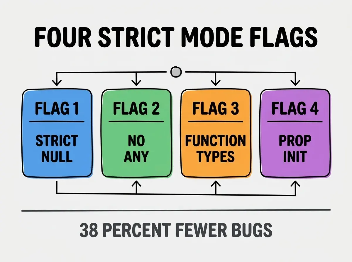 Clean modern flat infographic on light gray background. Top center bold black title text: FOUR STRICT MODE FLAGS. Below title, four equal sized colored rounded rectangle cards arranged horizontally. Card 1 blue: large bold text FLAG 1 then smaller text STRICT NULL CHECKS. Card 2 green: large bold text FLAG 2 then smaller text NO IMPLICIT ANY. Card 3 orange: large bold text FLAG 3 then smaller text STRICT FUNCTION TYPES. Card 4 purple: large bold text FLAG 4 then smaller text PROPERTY INITIALIZATION. Single footer line below cards in dark gray text: 38 PERCENT FEWER PRODUCTION BUGS. Nothing else on canvas. No text outside cards or below cards.