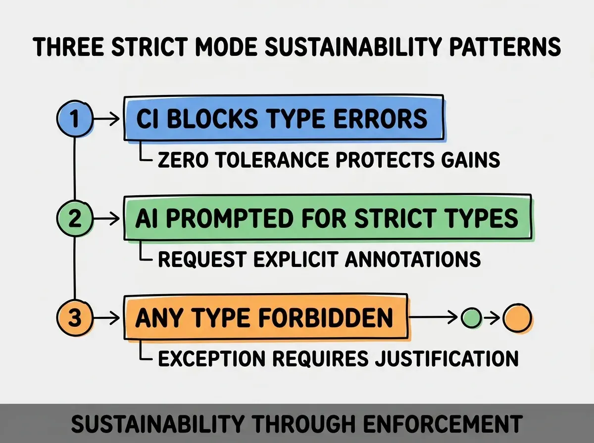 Clean modern flat infographic on light gray background. Top title bold black: THREE STRICT MODE SUSTAINABILITY PATTERNS. Single vertical numbered list with three rows. Row 1 blue badge CI BLOCKS TYPE ERRORS with subtitle ZERO TOLERANCE PROTECTS GAINS. Row 2 green badge AI PROMPTED FOR STRICT TYPES with subtitle REQUEST EXPLICIT ANNOTATIONS. Row 3 orange badge ANY TYPE FORBIDDEN with subtitle EXCEPTION REQUIRES JUSTIFICATION. Footer text dark gray: SUSTAINABILITY THROUGH ENFORCEMENT. Each label appears exactly once. No duplicated text.