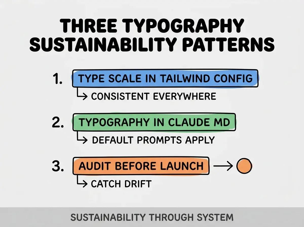 Clean modern flat infographic on light gray background. Top title bold black: THREE TYPOGRAPHY SUSTAINABILITY PATTERNS. Single vertical numbered list with three rows. Row 1 blue badge TYPE SCALE IN TAILWIND CONFIG with subtitle CONSISTENT EVERYWHERE. Row 2 green badge TYPOGRAPHY IN CLAUDE MD with subtitle DEFAULT PROMPTS APPLY. Row 3 orange badge AUDIT BEFORE LAUNCH with subtitle CATCH DRIFT. Footer text dark gray: SUSTAINABILITY THROUGH SYSTEM. Each label appears exactly once. No duplicated text.