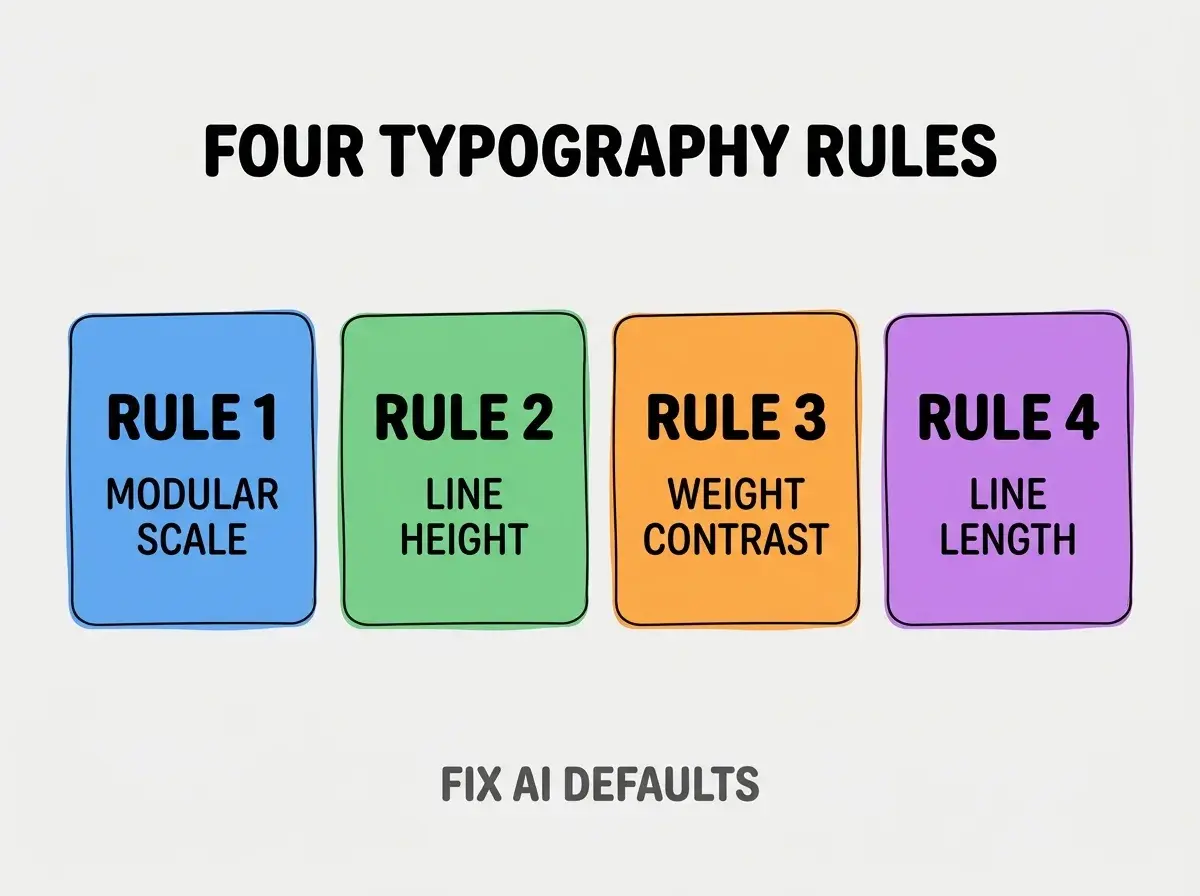 Clean modern flat infographic on light gray background. Top center bold black title text: FOUR TYPOGRAPHY RULES. Below title, four equal sized colored rounded rectangle cards arranged horizontally. Card 1 blue: large bold text RULE 1 then smaller text MODULAR SCALE. Card 2 green: large bold text RULE 2 then smaller text LINE HEIGHT. Card 3 orange: large bold text RULE 3 then smaller text WEIGHT CONTRAST. Card 4 purple: large bold text RULE 4 then smaller text LINE LENGTH. Single footer line below cards in dark gray text: FIX AI DEFAULTS. Nothing else on canvas. No text outside cards or below cards.
