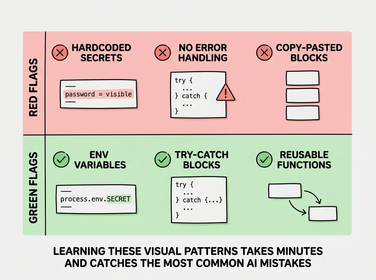 EXPLAINER DIAGRAM: A two-row comparison table with a vertical divider. Top row labeled RED FLAGS has a light red background with three items in a horizontal layout, each with an X icon in a red circle: first item labeled HARDCODED SECRETS shows a simplified code snippet box with the text password equals visible, second item labeled NO ERROR HANDLING shows a code block with no try-catch and a warning triangle, third item labeled COPY-PASTED BLOCKS shows three identical small rectangles stacked. Bottom row labeled GREEN FLAGS has a light green background with three items, each with a checkmark icon in a green circle: first item labeled ENV VARIABLES shows a code snippet with process.env.SECRET, second item labeled TRY-CATCH BLOCKS shows a code block with try and catch visible, third item labeled REUSABLE FUNCTIONS shows one rectangle with two arrows pointing to different locations. A caption below reads LEARNING THESE VISUAL PATTERNS TAKES MINUTES AND CATCHES THE MOST COMMON AI MISTAKES.