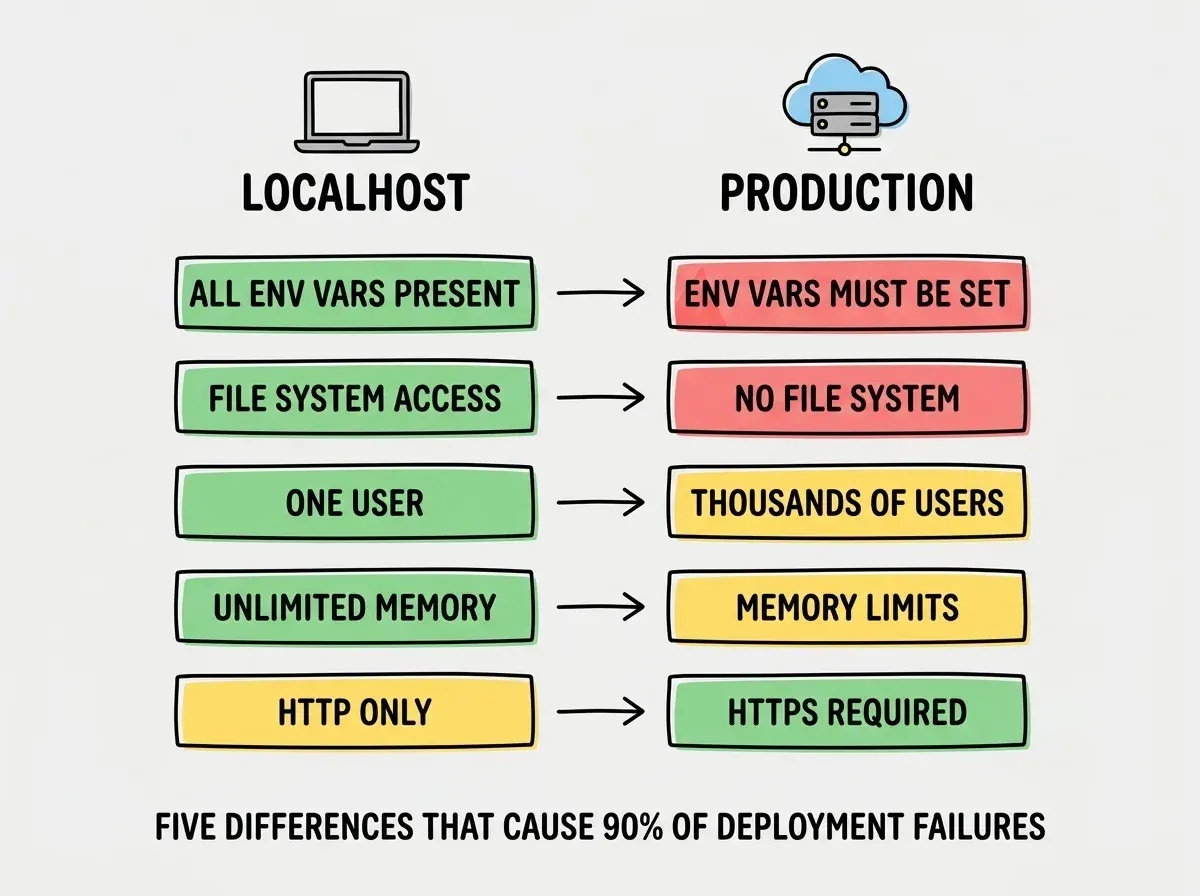 Explainer diagram showing two environments side by side. On the left, a laptop labeled LOCALHOST with a folder icon and checkmarks for reading files, writing files, and persistent storage. On the right, a cloud server labeled PRODUCTION with the same folder icon but X marks for writing files and persistent storage, with only a checkmark for reading bundled files. An arrow between them is labeled DEPLOY with a warning icon.