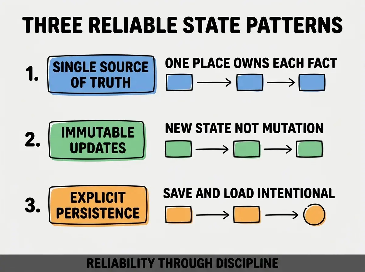 Clean modern flat infographic on light gray background. Top title bold black: THREE RELIABLE STATE PATTERNS. Single vertical numbered list with three rows. Row 1 blue badge SINGLE SOURCE OF TRUTH with subtitle ONE PLACE OWNS EACH FACT. Row 2 green badge IMMUTABLE UPDATES with subtitle NEW STATE NOT MUTATION. Row 3 orange badge EXPLICIT PERSISTENCE with subtitle SAVE AND LOAD INTENTIONAL. Footer text dark gray: RELIABILITY THROUGH DISCIPLINE. Each label appears exactly once. No duplicated text.