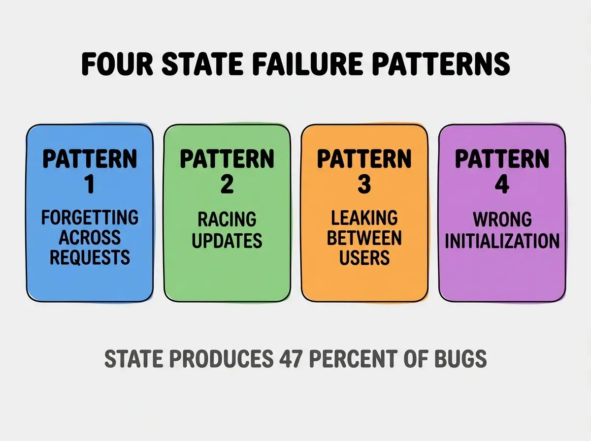 Clean modern flat infographic on light gray background. Top center bold black title text: FOUR STATE FAILURE PATTERNS. Below title, four equal sized colored rounded rectangle cards arranged horizontally. Card 1 blue: large bold text PATTERN 1 then smaller text FORGETTING ACROSS REQUESTS. Card 2 green: large bold text PATTERN 2 then smaller text RACING UPDATES. Card 3 orange: large bold text PATTERN 3 then smaller text LEAKING BETWEEN USERS. Card 4 purple: large bold text PATTERN 4 then smaller text WRONG INITIALIZATION. Single footer line below cards in dark gray text: STATE PRODUCES 47 PERCENT OF BUGS. Nothing else on canvas. No text outside cards or below cards.