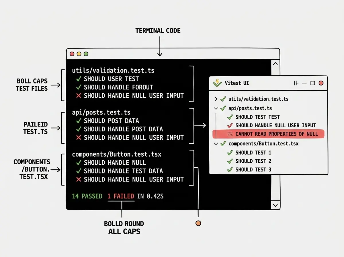 EXPLAINER DIAGRAM: A terminal window showing a Vitest test run output. The top section shows a list of test files with green checkmarks, including utils/validation.test.ts, api/posts.test.ts, and components/Button.test.tsx. Each file shows 3 to 5 individual test names with green checkmarks next to passing tests and a single red X next to a failing test labeled should handle null user input. The bottom summary line reads 14 passed, 1 failed in 0.42s. Below the terminal, a side panel shows the Vitest UI interface with a tree view of test files on the left and the individual test results on the right, highlighting the failing test with a red background and the error message Cannot read properties of null, reading name.