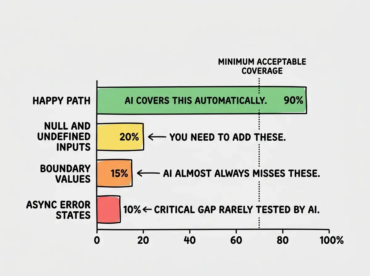 EXPLAINER DIAGRAM: A horizontal bar chart comparing test coverage types for AI-generated code. The x-axis shows percentage from 0 to 100. The top bar is labeled Happy Path and shows 90 percent coverage with a green fill, with the label AI covers this automatically. The second bar is labeled Null and Undefined Inputs and shows 20 percent coverage with a yellow fill, with the label You need to add these. The third bar is labeled Boundary Values and shows 15 percent coverage with an orange fill, labeled AI almost always misses these. The bottom bar is labeled Async Error States and shows 10 percent coverage with a red fill, labeled Critical gap, rarely tested by AI. A dotted vertical line at 70 percent is labeled Minimum acceptable coverage threshold.