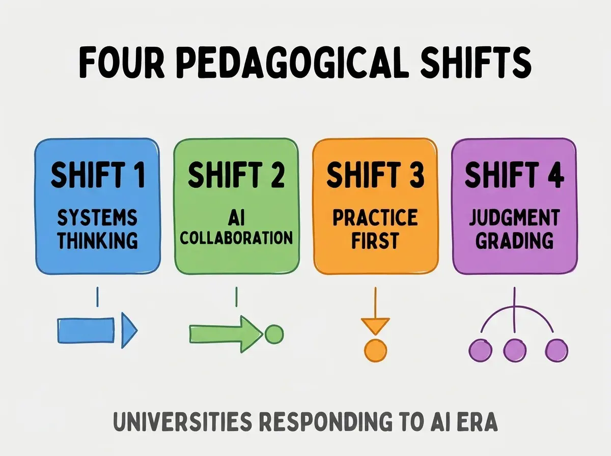 Clean modern flat infographic on light gray background. Top center bold black title text: FOUR PEDAGOGICAL SHIFTS. Below title, four equal sized colored rounded rectangle cards arranged horizontally. Card 1 blue: large bold text SHIFT 1 then smaller text SYSTEMS THINKING. Card 2 green: large bold text SHIFT 2 then smaller text AI COLLABORATION. Card 3 orange: large bold text SHIFT 3 then smaller text PRACTICE FIRST. Card 4 purple: large bold text SHIFT 4 then smaller text JUDGMENT GRADING. Single footer line below cards in dark gray text: UNIVERSITIES RESPONDING TO AI ERA. Nothing else on canvas. No text outside cards or below cards.