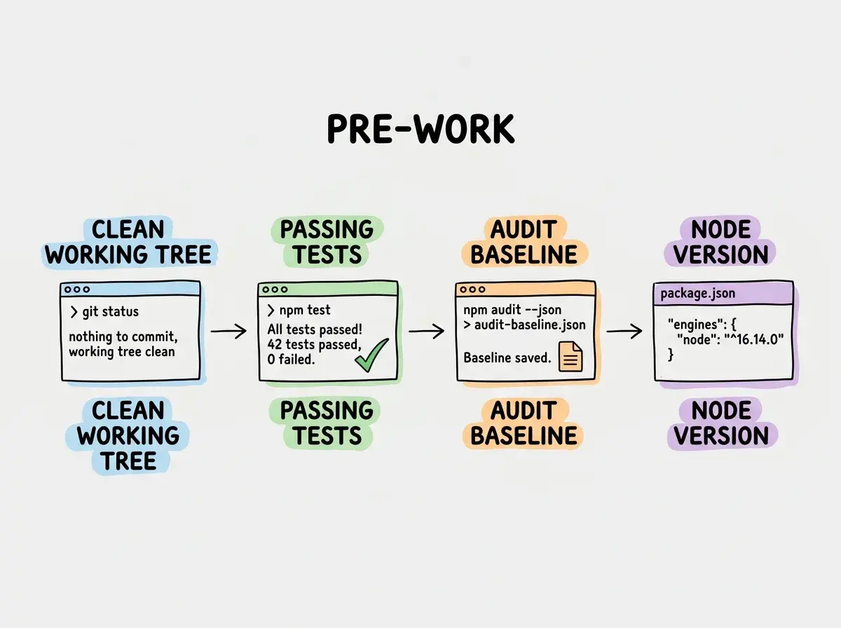 EXPLAINER DIAGRAM: Four sequential steps in a horizontal flow labeled PRE-WORK. Step 1: CLEAN WORKING TREE shows a terminal with git status returning nothing to commit. Step 2: PASSING TESTS shows a terminal with all tests passing in green. Step 3: AUDIT BASELINE shows a terminal with npm audit output saved to a file. Step 4: NODE VERSION shows the engines field in a package.json snippet. Each step connected by a right arrow. Clean minimal style on white background.