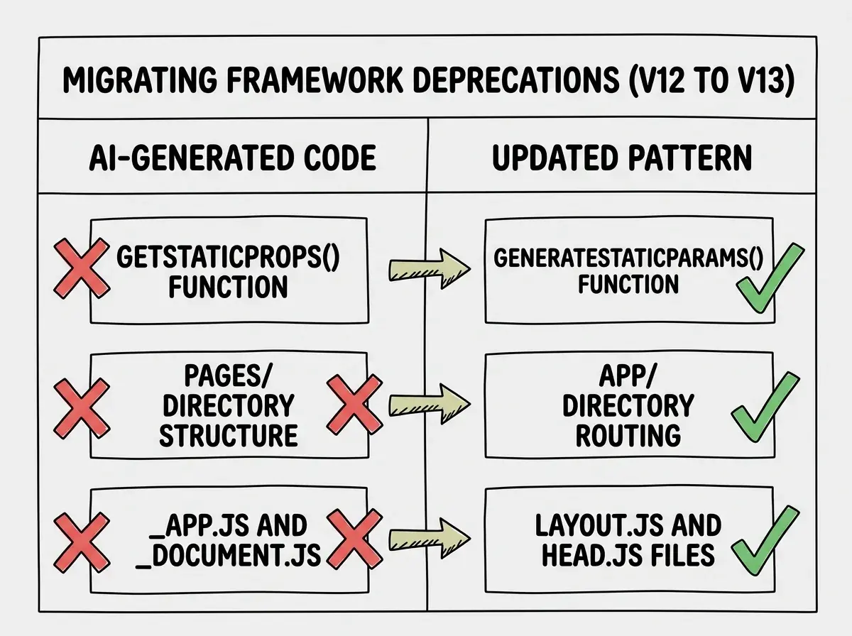 EXPLAINER DIAGRAM: Two-column comparison table. Left column labeled AI-GENERATED CODE shows common deprecated patterns from older library versions with a red X mark. Right column labeled UPDATED PATTERN shows the current equivalent with a green checkmark. Three rows show real framework migration patterns (e.g. getStaticProps vs generateStaticParams). Header row shows the package name and version jump. Clean table style with light row striping on white background.