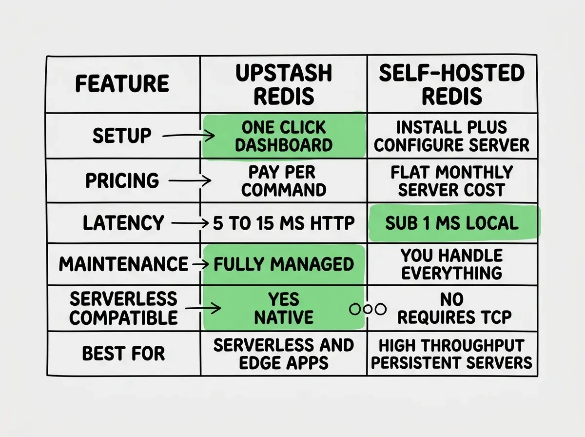 EXPLAINER DIAGRAM: A comparison table on white background with three columns labeled FEATURE, UPSTASH REDIS, and SELF-HOSTED REDIS. Row 1 reads SETUP with values ONE CLICK DASHBOARD and INSTALL PLUS CONFIGURE SERVER. Row 2 reads PRICING with values PAY PER COMMAND and FLAT MONTHLY SERVER COST. Row 3 reads LATENCY with values 5 TO 15 MS HTTP and SUB 1 MS LOCAL. Row 4 reads MAINTENANCE with values FULLY MANAGED and YOU HANDLE EVERYTHING. Row 5 reads SERVERLESS COMPATIBLE with values YES NATIVE and NO REQUIRES TCP. Row 6 reads BEST FOR with values SERVERLESS AND EDGE APPS and HIGH THROUGHPUT PERSISTENT SERVERS. The Upstash column has a green highlight on the SERVERLESS COMPATIBLE and MAINTENANCE rows. The self-hosted column has a green highlight on the LATENCY row.