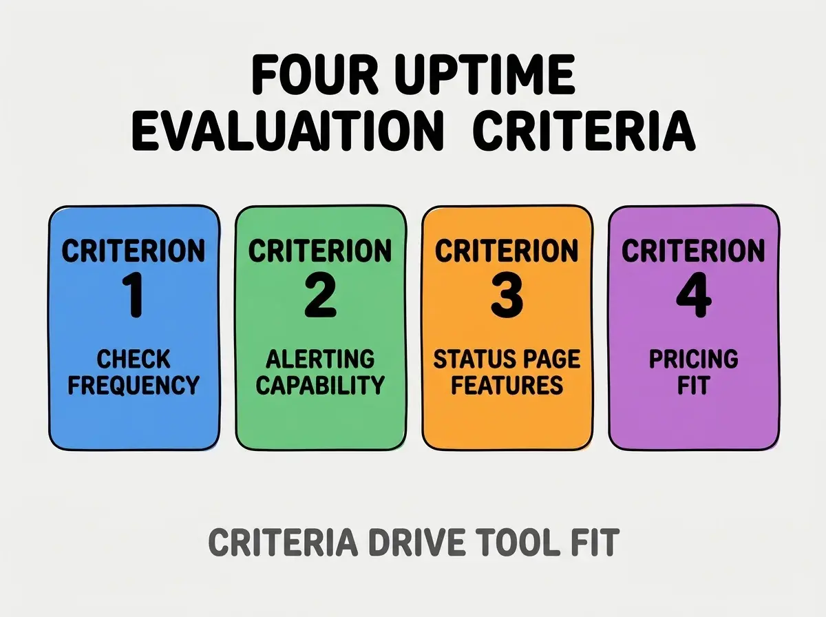 Clean modern flat infographic on light gray background. Top center bold black title text: FOUR UPTIME EVALUATION CRITERIA. Below title, four equal sized colored rounded rectangle cards arranged horizontally. Card 1 blue: large bold text CRITERION 1 then smaller text CHECK FREQUENCY. Card 2 green: large bold text CRITERION 2 then smaller text ALERTING CAPABILITY. Card 3 orange: large bold text CRITERION 3 then smaller text STATUS PAGE FEATURES. Card 4 purple: large bold text CRITERION 4 then smaller text PRICING FIT. Single footer line below cards in dark gray text: CRITERIA DRIVE TOOL FIT. Nothing else on canvas. No text outside cards or below cards.