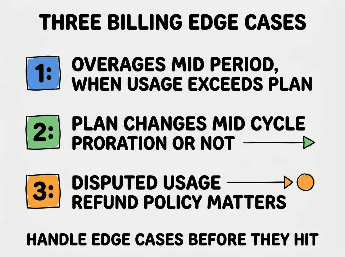 EXPLAINER DIAGRAM titled THREE BILLING EDGE CASES shown as a vertical numbered list on a slate background. Three rows. Row 1 blue badge OVERAGES MID PERIOD sublabel WHEN USAGE EXCEEDS PLAN. Row 2 green badge PLAN CHANGES MID CYCLE sublabel PRORATION OR NOT. Row 3 orange badge DISPUTED USAGE sublabel REFUND POLICY MATTERS. Footer reads HANDLE EDGE CASES BEFORE THEY HIT.