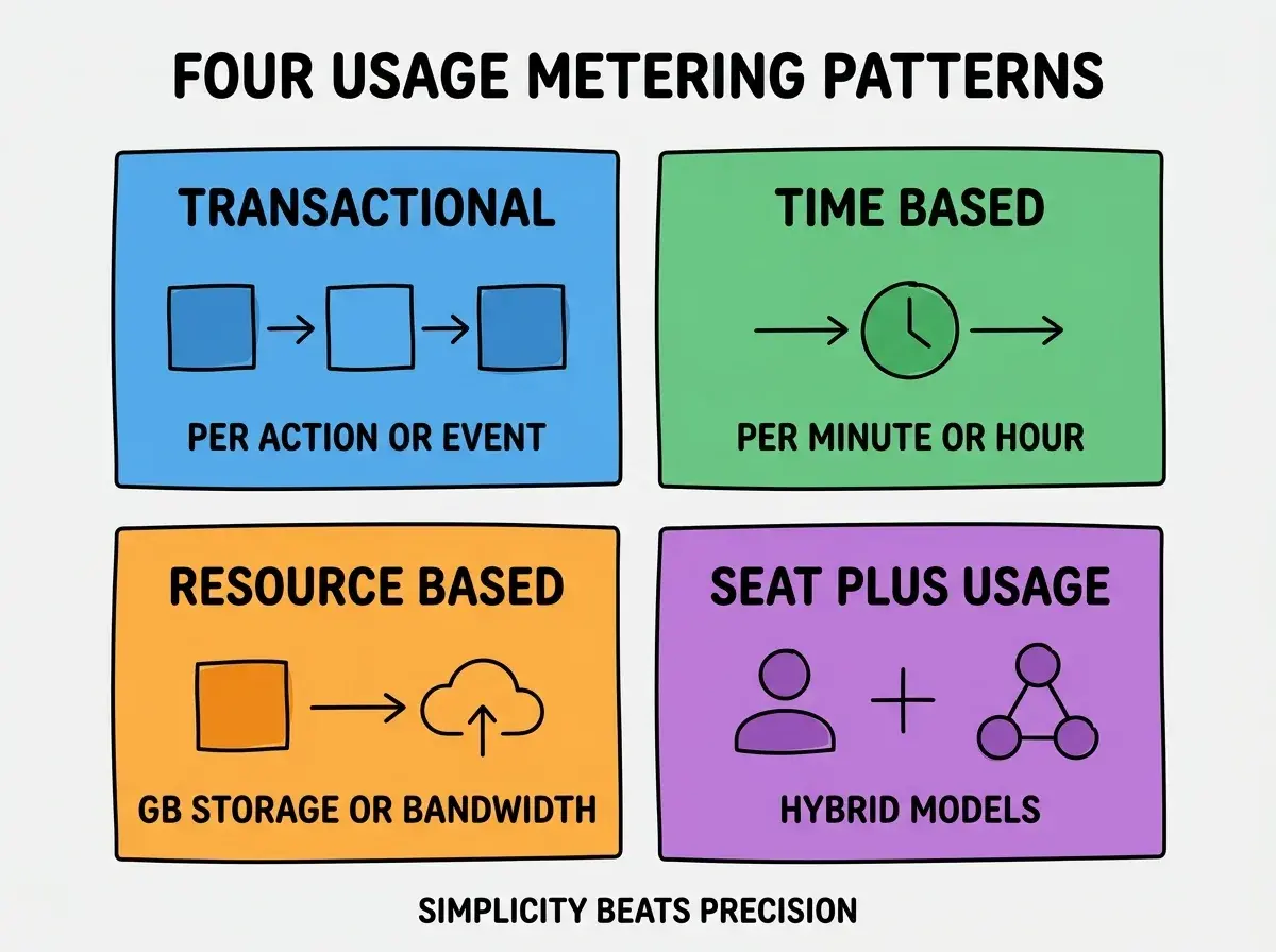 EXPLAINER DIAGRAM titled FOUR USAGE METERING PATTERNS shown as a 2x2 grid of quadrants on a slate background. Top left blue TRANSACTIONAL sublabel PER ACTION OR EVENT. Top right green TIME BASED sublabel PER MINUTE OR HOUR. Bottom left orange RESOURCE BASED sublabel GB STORAGE OR BANDWIDTH. Bottom right purple SEAT PLUS USAGE sublabel HYBRID MODELS. Center label reads PICK ONE METRIC NOT TEN. Footer reads SIMPLICITY BEATS PRECISION.